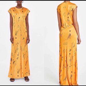 Zara canary yellow maxi printed dress, S
